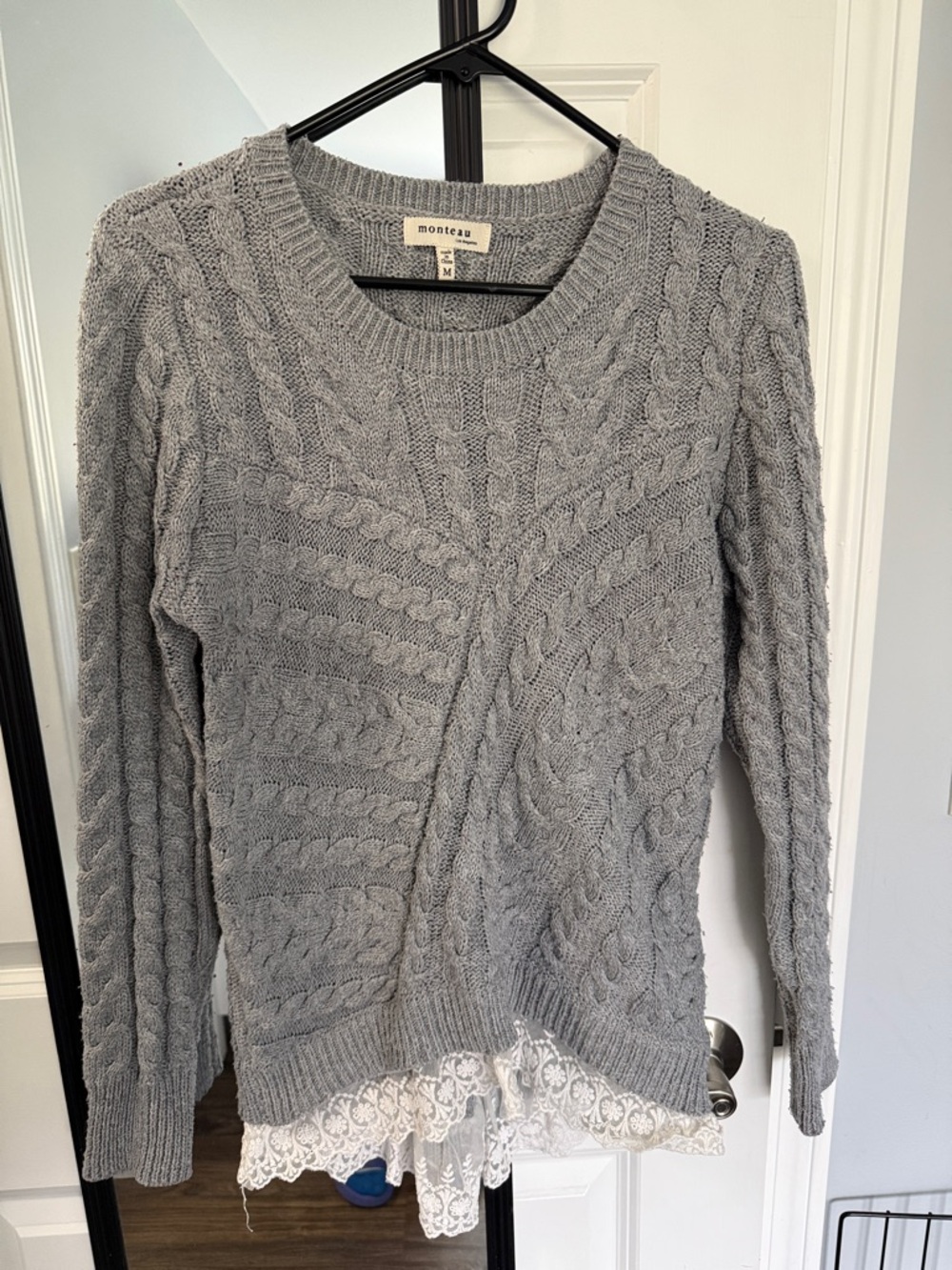 Monteau Light Gray Cable Knit Sweater with Lace Trim